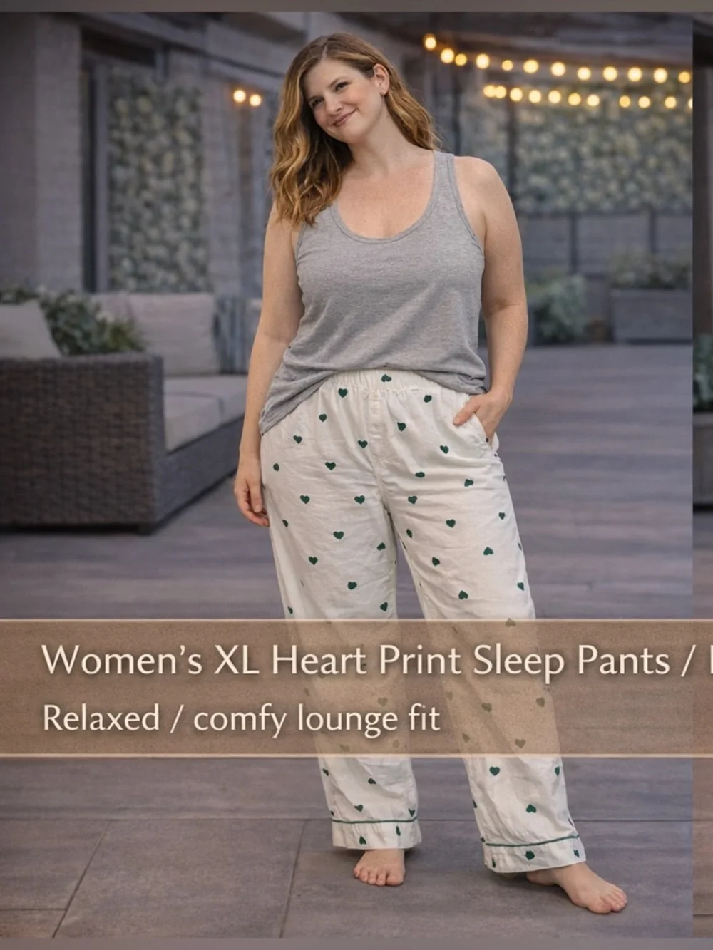 J. Crew White Lounge Pants with Green Heart Motif XL